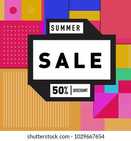 Summer and holiday sale with colorful memphis style web banner. Fashion and travel discount poster. Vector holiday abstract colorful illustration with special offer and promotion.