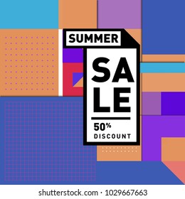Summer and holiday sale with colorful memphis style web banner. Fashion and travel discount poster. Vector holiday abstract colorful illustration with special offer and promotion.