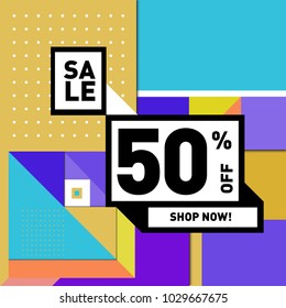 Summer and holiday sale with colorful memphis style web banner. Fashion and travel discount poster. Vector holiday abstract colorful illustration with special offer and promotion.
