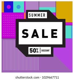 Summer and holiday sale with colorful memphis style web banner. Fashion and travel discount poster. Vector holiday abstract colorful illustration with special offer and promotion.