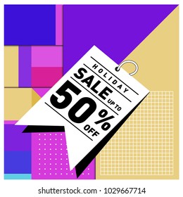 Summer and holiday sale with colorful memphis style web banner. Fashion and travel discount poster. Vector holiday abstract colorful illustration with special offer and promotion.