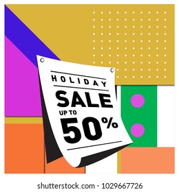 Summer and holiday sale with colorful memphis style web banner. Fashion and travel discount poster. Vector holiday abstract colorful illustration with special offer and promotion.