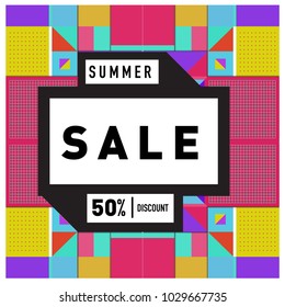 Summer and holiday sale with colorful memphis style web banner. Fashion and travel discount poster. Vector holiday abstract colorful illustration with special offer and promotion.