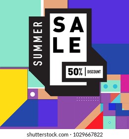 Summer and holiday sale with colorful memphis style web banner. Fashion and travel discount poster. Vector holiday abstract colorful illustration with special offer and promotion.