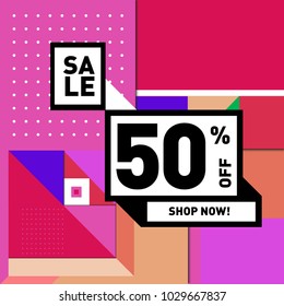 Summer and holiday sale with colorful memphis style web banner. Fashion and travel discount poster. Vector holiday abstract colorful illustration with special offer and promotion.