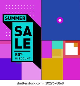 Summer and holiday sale with colorful memphis style web banner. Fashion and travel discount poster. Vector holiday abstract colorful illustration with special offer and promotion.