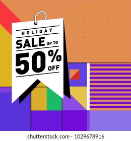 Summer and holiday sale with colorful memphis style web banner. Fashion and travel discount poster. Vector holiday abstract colorful illustration with special offer and promotion.