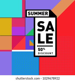 Summer and holiday sale with colorful memphis style web banner. Fashion and travel discount poster. Vector holiday abstract colorful illustration with special offer and promotion.