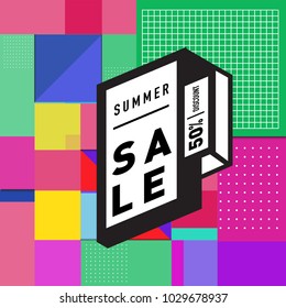 Summer and holiday sale with colorful memphis style web banner. Fashion and travel discount poster. Vector holiday abstract colorful illustration with special offer and promotion.