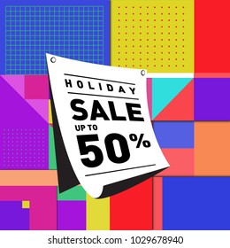 Summer and holiday sale with colorful memphis style web banner. Fashion and travel discount poster. Vector holiday abstract colorful illustration with special offer and promotion.