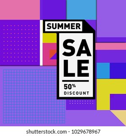 Summer and holiday sale with colorful memphis style web banner. Fashion and travel discount poster. Vector holiday abstract colorful illustration with special offer and promotion.