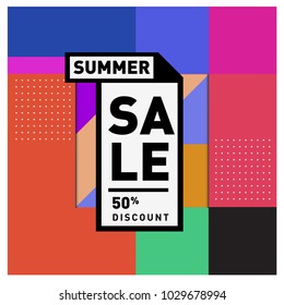 Summer and holiday sale with colorful memphis style web banner. Fashion and travel discount poster. Vector holiday abstract colorful illustration with special offer and promotion.