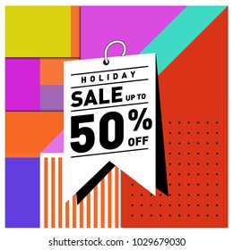 Summer and holiday sale with colorful memphis style web banner. Fashion and travel discount poster. Vector holiday abstract colorful illustration with special offer and promotion.