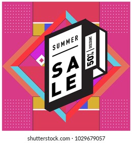 Summer and holiday sale with colorful memphis style web banner. Fashion and travel discount poster. Vector holiday abstract colorful illustration with special offer and promotion.