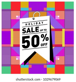 Summer and holiday sale with colorful memphis style web banner. Fashion and travel discount poster. Vector holiday abstract colorful illustration with special offer and promotion.