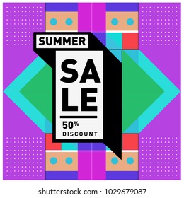 Summer and holiday sale with colorful memphis style web banner. Fashion and travel discount poster. Vector holiday abstract colorful illustration with special offer and promotion.