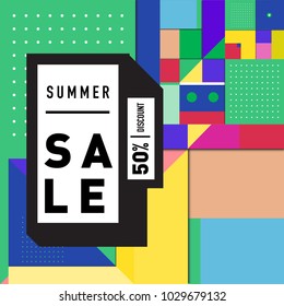 Summer and holiday sale with colorful memphis style web banner. Fashion and travel discount poster. Vector holiday abstract colorful illustration with special offer and promotion.