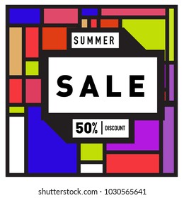 Summer holiday sale memphis style web banner. Fashion and travel discount poster. Vector holiday bbstract colorful illustration with special offer and promotion.