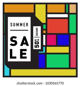 Summer holiday sale memphis style web banner. Fashion and travel discount poster. Vector holiday bbstract colorful illustration with special offer and promotion.