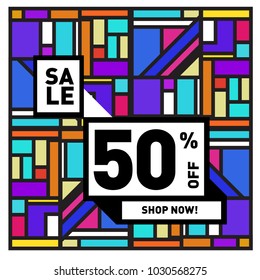 Summer holiday sale memphis style web banner. Fashion and travel discount poster. Vector holiday bbstract colorful illustration with special offer and promotion.