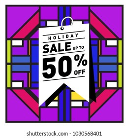 Summer holiday sale memphis style web banner. Fashion and travel discount poster. Vector holiday bbstract colorful illustration with special offer and promotion.