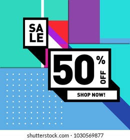 Summer holiday sale memphis style web banner. Fashion and travel discount poster. Vector holiday abstract colorful illustration with special offer and promotion.