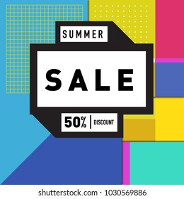 Summer holiday sale memphis style web banner. Fashion and travel discount poster. Vector holiday abstract colorful illustration with special offer and promotion.
