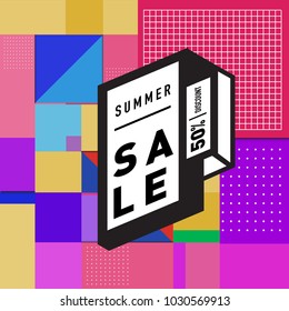 Summer holiday sale memphis style web banner. Fashion and travel discount poster. Vector holiday abstract colorful illustration with special offer and promotion.