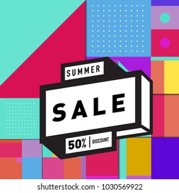Summer holiday sale memphis style web banner. Fashion and travel discount poster. Vector holiday abstract colorful illustration with special offer and promotion.