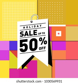 Summer holiday sale memphis style web banner. Fashion and travel discount poster. Vector holiday abstract colorful illustration with special offer and promotion.