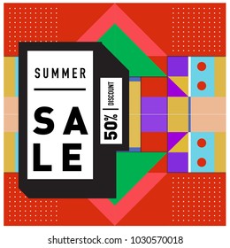 Summer holiday sale memphis style web banner. Fashion and travel discount poster. Vector holiday bbstract colorful illustration with special offer and promotion.