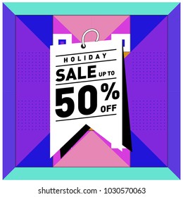 Summer holiday sale memphis style web banner. Fashion and travel discount poster. Vector holiday abstract colorful illustration with special offer and promotion.