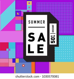 Summer holiday sale memphis style web banner. Fashion and travel discount poster. Vector holiday abstract colorful illustration with special offer and promotion.