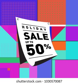 Summer holiday sale memphis style web banner. Fashion and travel discount poster. Vector holiday abstract colorful illustration with special offer and promotion.