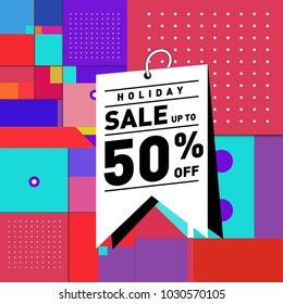 Summer holiday sale memphis style web banner. Fashion and travel discount poster. Vector holiday abstract colorful illustration with special offer and promotion.