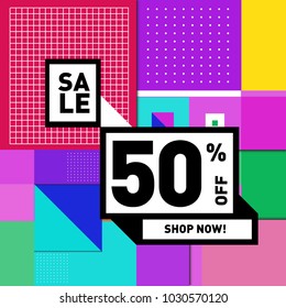 Summer holiday sale memphis style web banner. Fashion and travel discount poster. Vector holiday abstract colorful illustration with special offer and promotion.