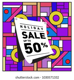 Summer holiday sale memphis style web banner. Fashion and travel discount poster. Vector holiday abstract colorful illustration with special offer and promotion.