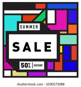 Summer holiday sale memphis style web banner. Fashion and travel discount poster. Vector holiday abstract colorful illustration with special offer and promotion.