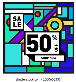 Summer holiday sale memphis style web banner. Fashion and travel discount poster. Vector holiday abstract colorful illustration with special offer and promotion.