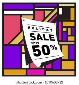 Summer holiday sale memphis style web banner. Fashion and travel discount poster. Vector holiday abstract colorful illustration with special offer and promotion.