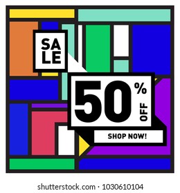 Summer holiday sale memphis style web banner. Fashion and travel discount poster. Vector holiday bbstract colorful illustration with special offer and promotion.