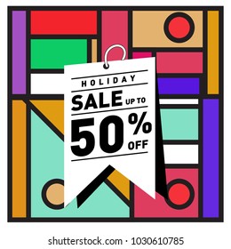 Summer holiday sale memphis style web banner. Fashion and travel discount poster. Vector holiday bbstract colorful illustration with special offer and promotion.
