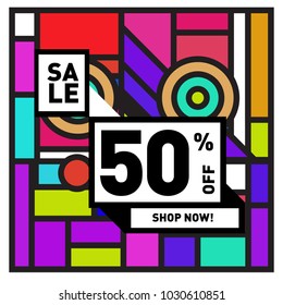 Summer holiday sale memphis style web banner. Fashion and travel discount poster. Vector holiday bbstract colorful illustration with special offer and promotion.