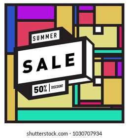 Summer holiday sale memphis style web banner. Fashion and travel discount poster. Vector holiday bbstract colorful illustration with special offer and promotion.