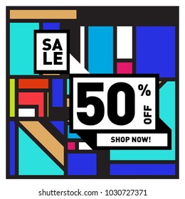 Summer holiday sale memphis style web banner. Fashion and travel discount poster. Vector holiday bbstract colorful illustration with special offer and promotion.