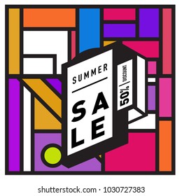 Summer holiday sale memphis style web banner. Fashion and travel discount poster. Vector holiday bbstract colorful illustration with special offer and promotion.