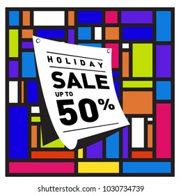 Summer holiday sale memphis style web banner. Fashion and travel discount poster. Vector holiday bbstract colorful illustration with special offer and promotion.