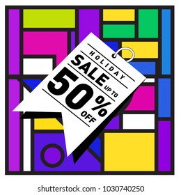 Summer holiday sale memphis style web banner. Fashion and travel discount poster. Vector holiday bbstract colorful illustration with special offer and promotion.