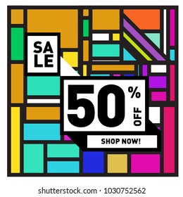 Summer holiday sale memphis style web banner. Fashion and travel discount poster. Vector holiday bbstract colorful illustration with special offer and promotion.