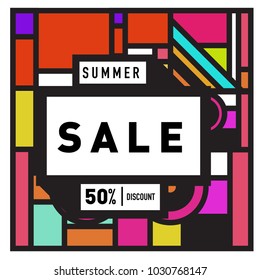 Summer holiday sale memphis style web banner. Fashion and travel discount poster. Vector holiday bbstract colorful illustration with special offer and promotion.